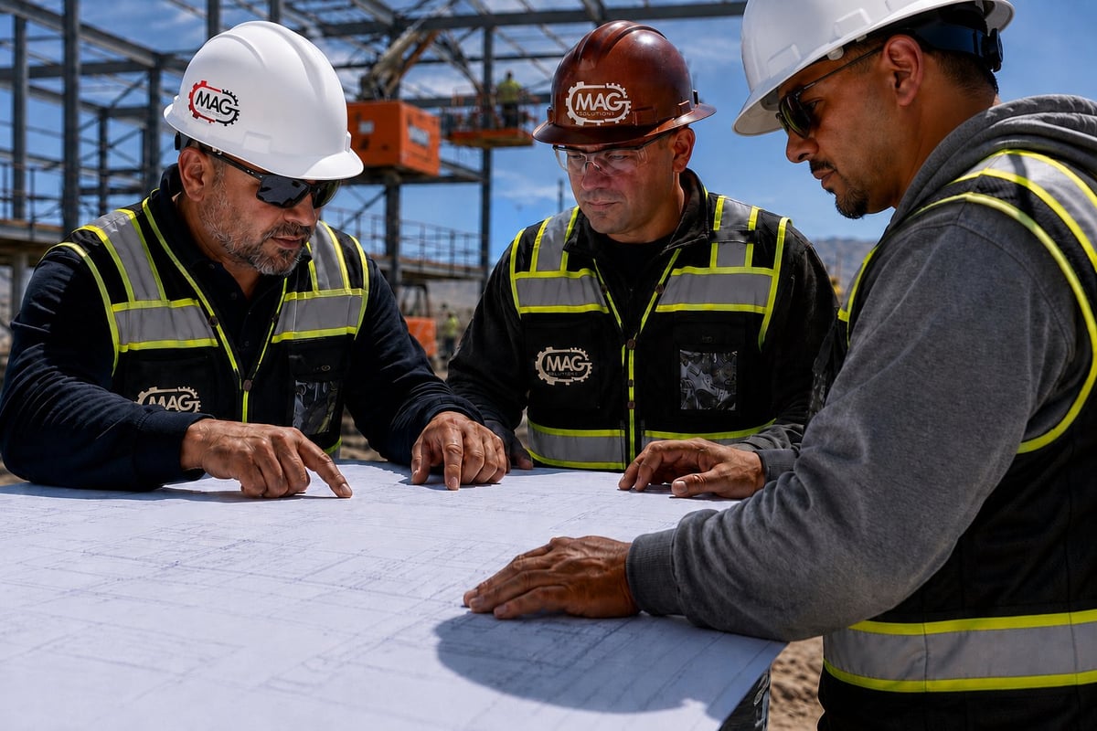 Three construction workers in safety vests and hard hats reviewing blueprints on a job site with steel framework in the background.